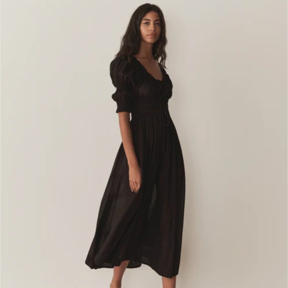 Doen Ischia Dress Black Organic Cotton Viscose Smocked Puff Sleeve Midi XL - Picture 6 of 16